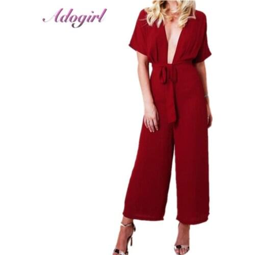 Casual Solid Deep V Neck Party Wrap Jumpsuit Women Short Sleeve Wide Leg Pants Streetwear Rompers Overalls Office Lady Playsuit
