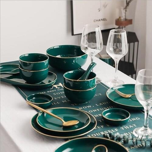 Gilt Rim Peacock Green Dinner Plate Set Kitchen Plate Ceramic Tableware Food Dishes Rice Salad Noodles Bowl Cutlery 1PC
