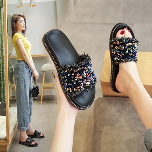 Bling Glitter slippers women summer sequined cloth shoes sandalias flip flops elevated tassel paillette slides plus size 40-43