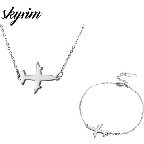 Skyrim Fashion Airplane Jewelry Sets for Women Stainless Steel Statement Pendant Initial Necklace Bracelet Birthday Gift 2021