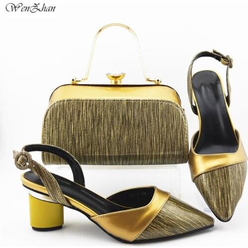 Unqiue Gold Lady Shoes and Bags To Match Set PU leather Shoes Match With Bags Elegant Party Nigerian Style 38-42 WENZHAN b912-17