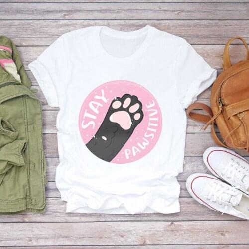 Women T-shirts Cartoon Cat Paw Funny Letter Pet Animal Cute Ladies Print Lady Womens Graphic T Top Shirt Female Tee T-Shirt