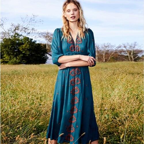 Women dresses V-neck embroidery loose bohemian dress drawsting sleeve long dress brand vestidos autumn 14 Color