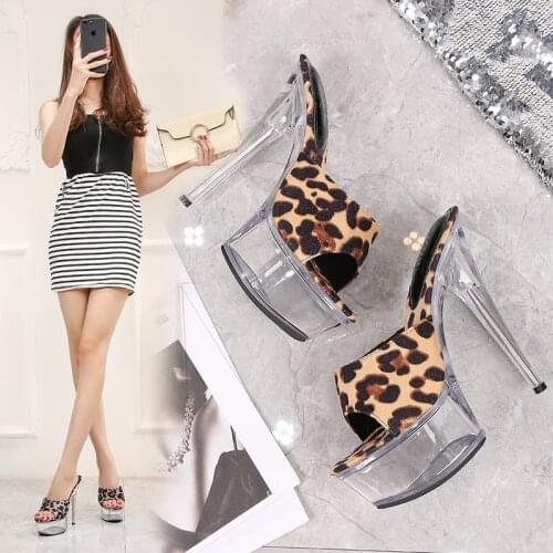 Shoes Woman 2019 New Platform Slippers Transparent Crystal Leopard High Heels 15cm Waterproof Shoes Big Size Female Slippers