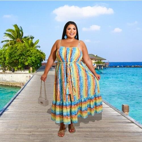 Plus Size 4xl 5xl Dress Women Summer 2021 Wholesale Dropshipping Sexy Sweet Tank Strap Beach Style with Sashes Maxi Dresses