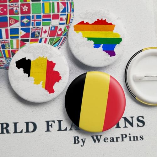 Belgium Flag Map Tin Button Pins LGBT Gay Rainbow Pride Tin Button Badges