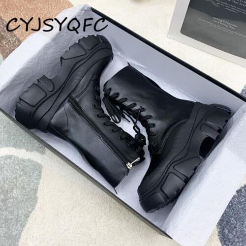 CYJSYQFC British Style Black Leather Flat Platform Women Chelsea Boots Round Toe Lace Up Thick Bottom High Heel Lady Ankle Boots