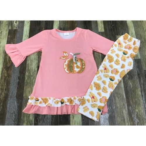 Childrens Thanksgiving Boutique embroidered Pumpkin gold foil Lace Dense Dress set