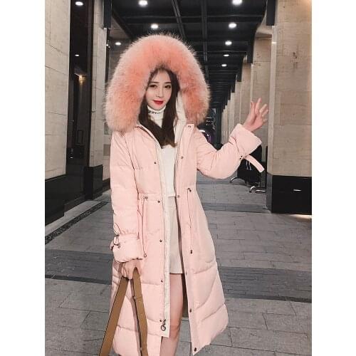 Long winter jacket for women, hooded, large fur collar, womens jackets, warm female down jacket