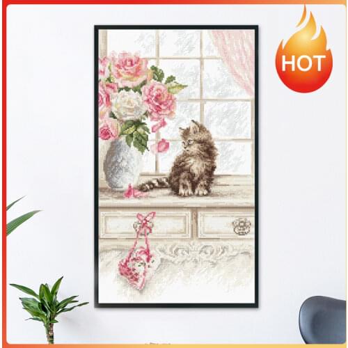 Eco-cotton Thread 11CT Stamped Print DIY Cat Pink Flower Handmade Cross Stitch Artwork Canvas Embroidery Kit Needlework Decor