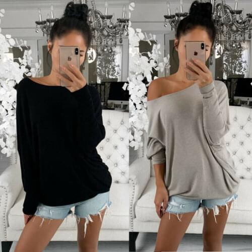 2020 Newest Hot Fashion Women`s Sexy Off Shoulder Long Sleeve T-Shirt Casual Ladies Loose Solid Daily Wear