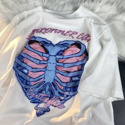 Womens t-shirt Summer short-sleeved t-shirt loose Harajuku top Heart-shaped skull print punk clothes O-neck female tshirt size