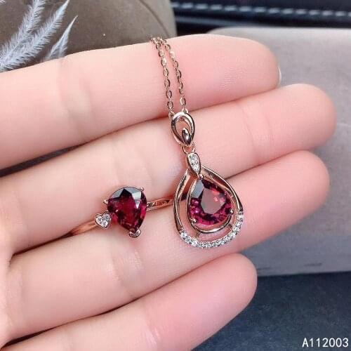 KJJEAXCMY Fine Jewelry 925 sterling silver inlaid natural garnet female ring pendant set trendy Support detection