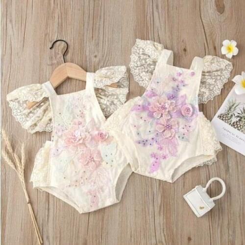 0-24M Summer Newborn Baby Girls Crochet Lace Romper Toddler Fly Sleeve Square Collar Tie-up Playsuit Embroidery Floral Jumpsuit