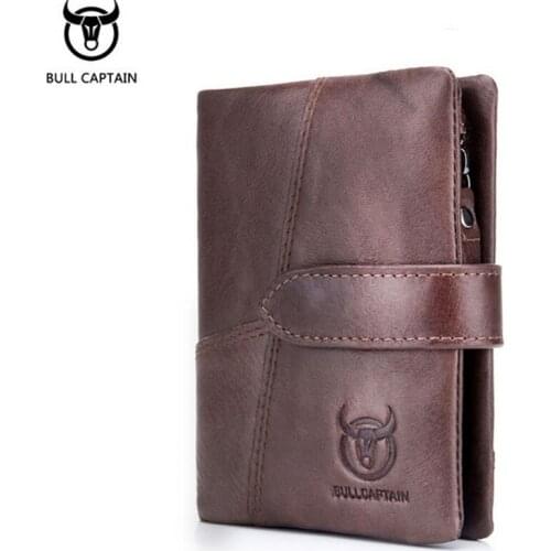 BULLCAPTAIN Cowhide Zipper Clutch Wallet Cash Coin Pocket Credit Card Holder Genuine Leather Men Small Purse Money Bag