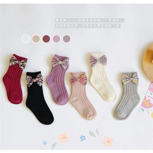 Sweet Floral Bowknot Design Ankle Socks for Girls Solid Color Ribbed Tube Socks Spring Autumn Breathable Children Floor Socks