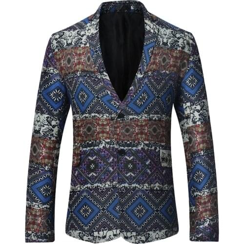2021 Men Blazers Ethnic style Suits Cotton Business Causal Printing Suit Smart Slim Fit Plaid Dress Mens Blazer Masculino Jacket