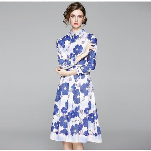 2021 New Autumu Elegant Temperament Vestidos Female Lapel Long-sleeved Blue Flower Print Waist Midi Dress DF510