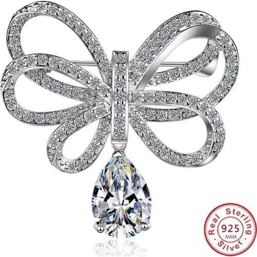 Newest High Quality Cute Bowknot Design S925 CZ Crystal Brooches for Women Fashion Pins Necktie Clothing Dress Wedding Jewelry