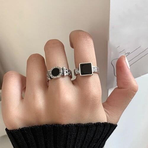 New Trend Personality Design Geometric Square Round Resin Mold Time Number Black Rings For Women Punk Stylish Ring Jewellery