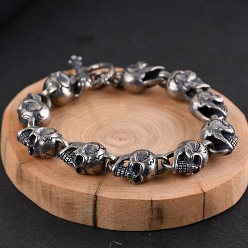 New S925 pure silver retro craftsmanship three-dimensional skull mens bracelet Thai silver fashion bracelet for men
