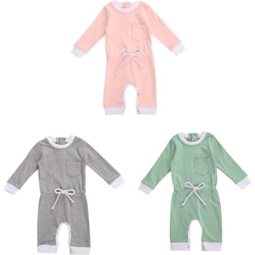 Infant Baby Girls Boys Solid Romper Long Sleeve Elastic Waist One Piece Jumpsuit with Front Pocket Spring Autumn Clothing 0-24M