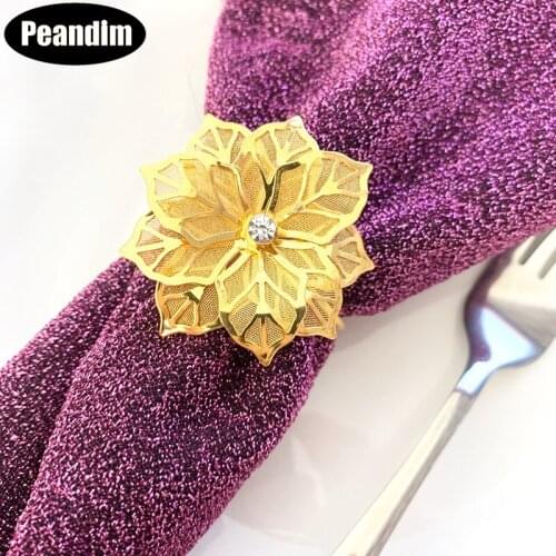 PEANDIM Flower Design Napkin Rings Gold Napkin Buckle Wedding Party Christmas Napkin Ring Holder Home Dinner Table Decor 12pcs