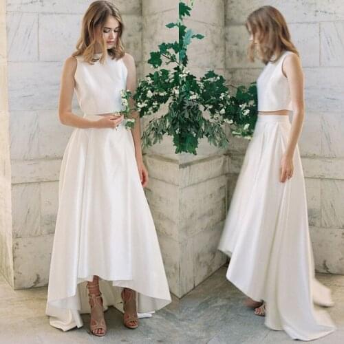 Boat Neck Boho Wedding Dress Long Sleeves Hi-Lo White Ivory Satin Princess Beach Bride Two Pieces Wedding Gown 2020 New