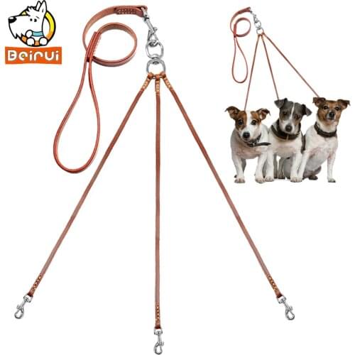 Three Way Puppy Dog Leash Coupler No Tangle Leather Triple Dog Leashes Lead For Walking 1 or 3 Small Medium Dogs Brown Color