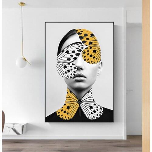 Self-adhesive Wall Stickers Abstract Creative Butterfly Women Wall Art Poster Painting Pictures for Living Room Home Decorative