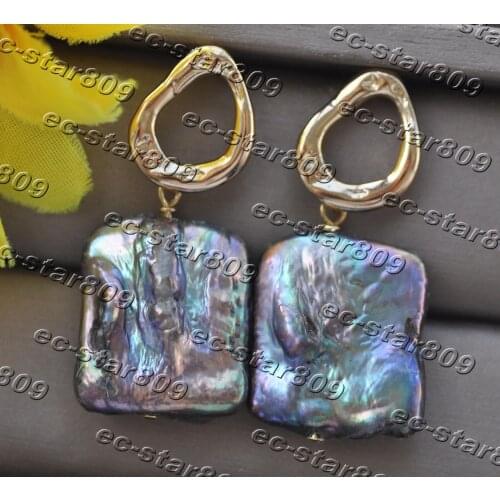 Z11260 22mm Black Square Coin Pearl Gold-Plating Dangle Earring Woman Fine Jewelry