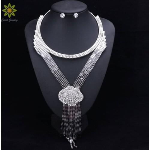 Rhinestone Crystal Bridal Jewelry Sets Long Tassels Silver Plated Necklace Earrings Set Wedding Accessories For Women Party Show