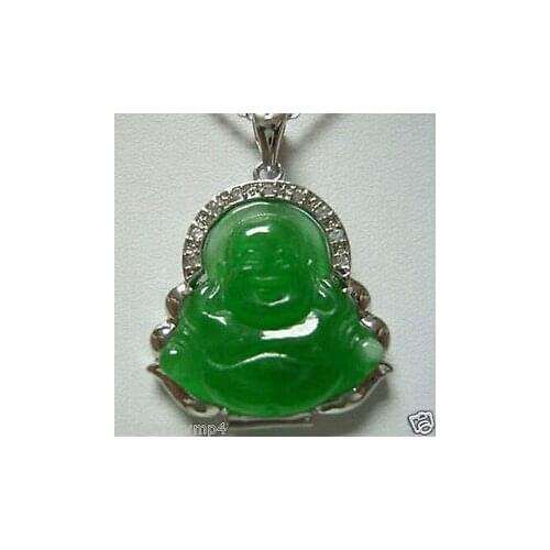 Fashion Green Natural Jade Silver Plated carved Buddha Pendant Necklace + Free Chain
