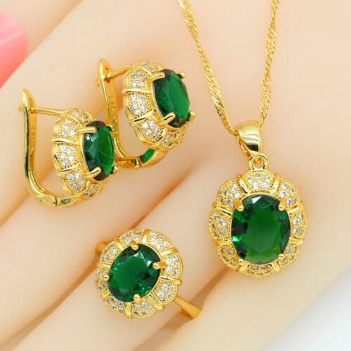 Green Blue Rainbow Stones Gold Color Jewelry Sets for Women Hoop Earrings Necklace Pendant Rings Gift Box