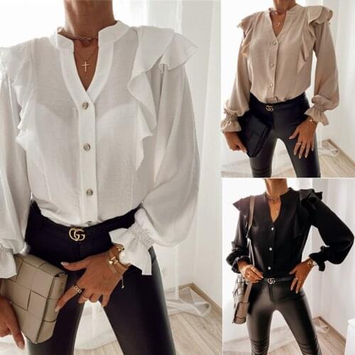 Women Blouse Shirt Office LadiesShirt 2020 Autumn Long Sleeve Ruffle Female Blouses Sexy V-neck Short pullover Women Tops