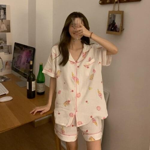 Ice Cream Print Home Suit Women Kawaii Sweet Summer Pajamas Set Single Breasted Shirts + Shorts Set Sleepwear Cotton Soft