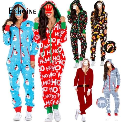 Echoine autumn Winter Women Christmas snowman Onesies Adults Hooded V-neck Pajamas Romper Jumpsuit sexy sleepwear Nightwear