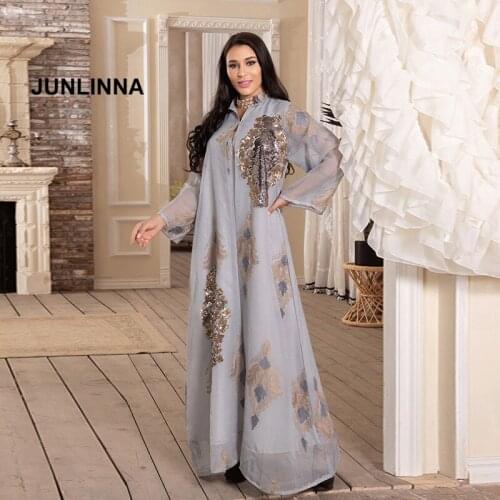 Muslim Abaya Robe Dresses Fashion New Women Mesh Embroidery Dress Stand V Neck Long Flare Sleeve Sequins Loose Vestidos