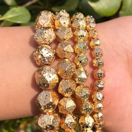 Natural Rock Volcanic Lava Light Gold Plated Stone Beads Loose Spacer Beads For Jewelry Making Diy Energy Bracelet 15"Strands