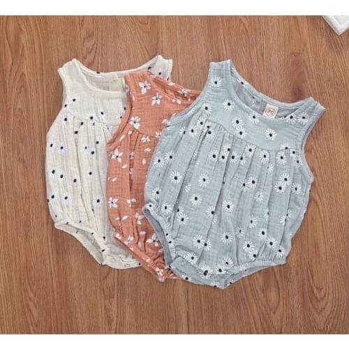 Infant Baby Sleeveless Cotton Linen Romper Girls Floral Print Soft Playsuit Jumpsuit Summer Casual Baby Bodysuits