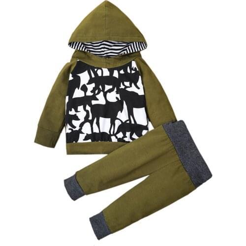 Newborn Baby Boys Long Sleeve Bodysuit Autumn Green Cartoon Print Hooded Clothes Toddler Casual Clothes Set Baby 2Pcs Outfits