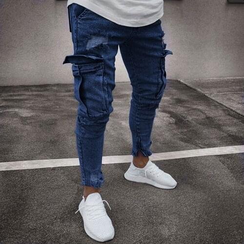 Summer Cotton Cargo Denim Pants Mens Sexy Multi Pocket Hole Jeans Fashion Skinny Pencil Pants New Male Streetwear Trousers A50
