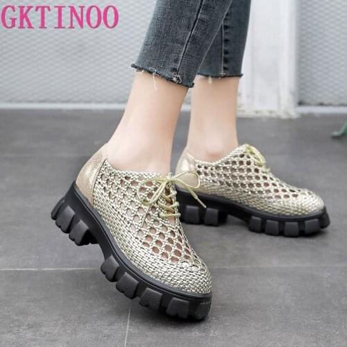 GKTINOO New Genuine Leather Women Shoes Spring/summer Hollow Breathable Flat Platform Shoes Woven Hole Handmade Shoes Woman
