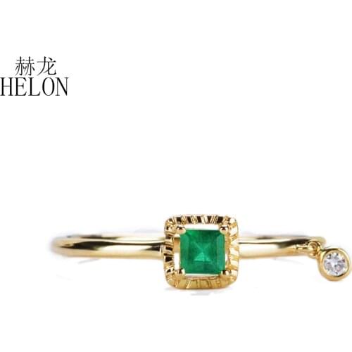 HELON SI/H Diamonds Ring Solid 14k Yellow Gold AU585 Princess Cut 3mm 100% Genuine Natural Emerald Engagement Wedding Ring