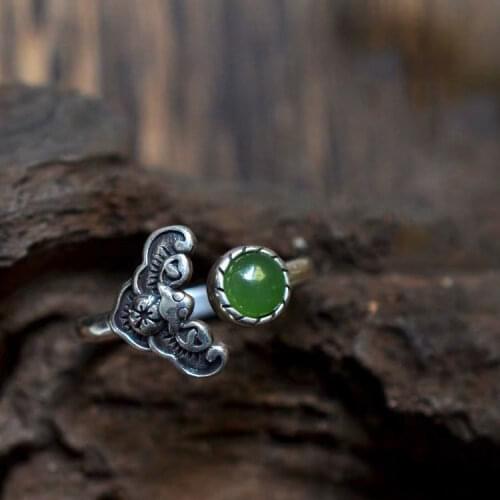 Natural Hetian Jade Green Jade Ring Ethnic Style Retro Small Bat Ring Ancient French Gold Chinese Fashion Antique Accessories