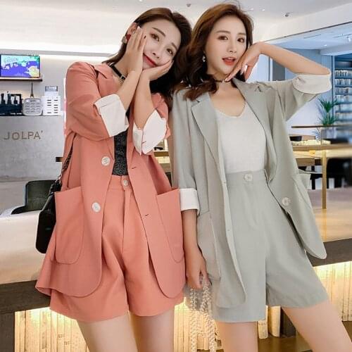 Casual Women Pant Suits Three-quarter Sleeve Jacket Blazer & Button Fly Short Chic Female Short Suits OL Style Summer Work Suits