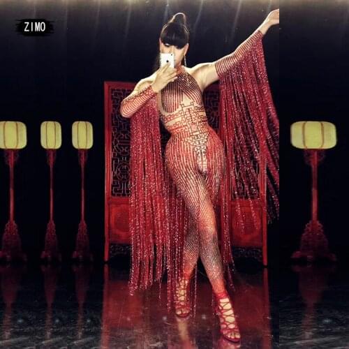 Fashion Red Jumpsuit Feale Tassel Shiny Rhinestone Dress Set Nightclub Singer Costume Stage Dance Costume Pole Dance Ds Clothing