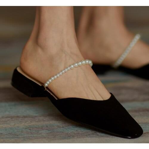 Womens genuine leather slip-on flats slides square toe beading band elegant ladies casual summer mules high quality shoes women