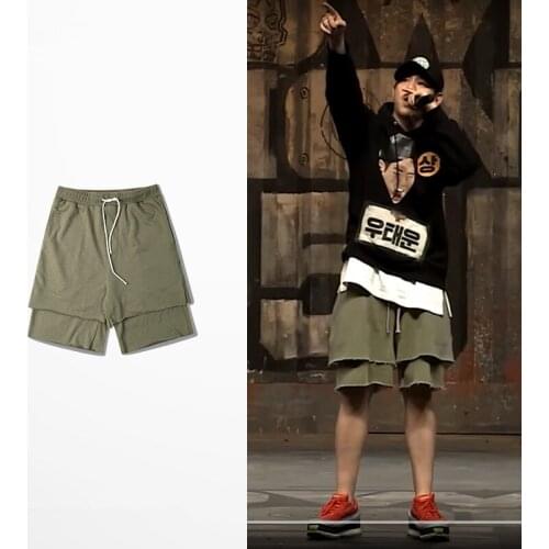 Solid Summer Men Fake two pieces Loose style Casual shorts Mens Hip hop High quality Cotton Street Drawstring Knee Length shorts