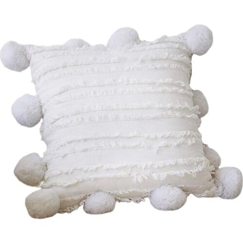 Solid Color Throw Pillow Case Pompom Fringe Striped Jacquard Cushion Cover Decor(45X45Cm)